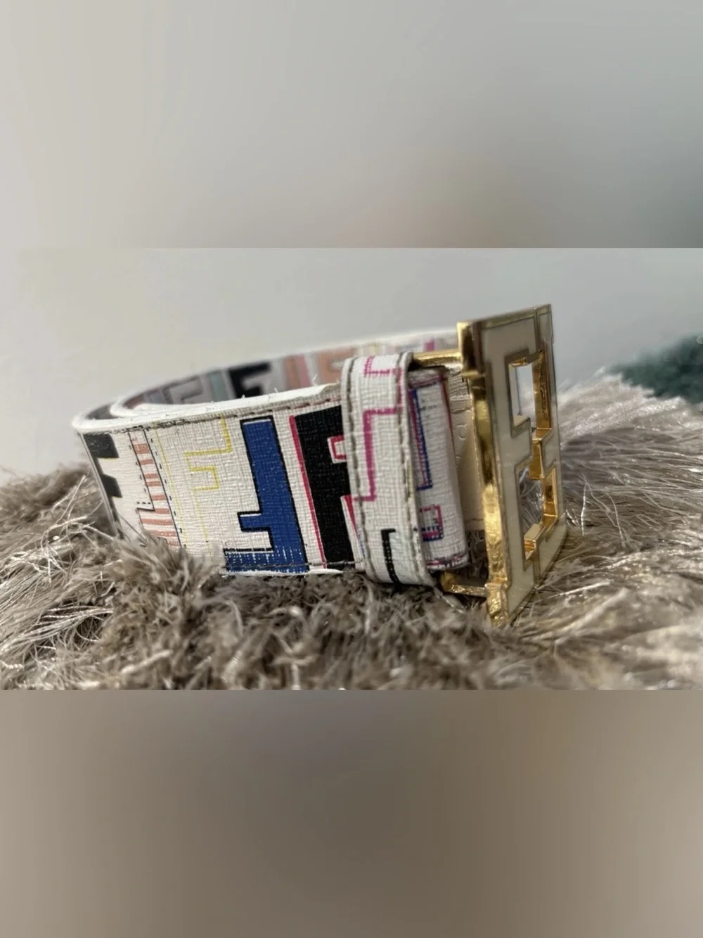 Fendi FF White leather Belt Multicolor Graphic monogram print gold FF buckle